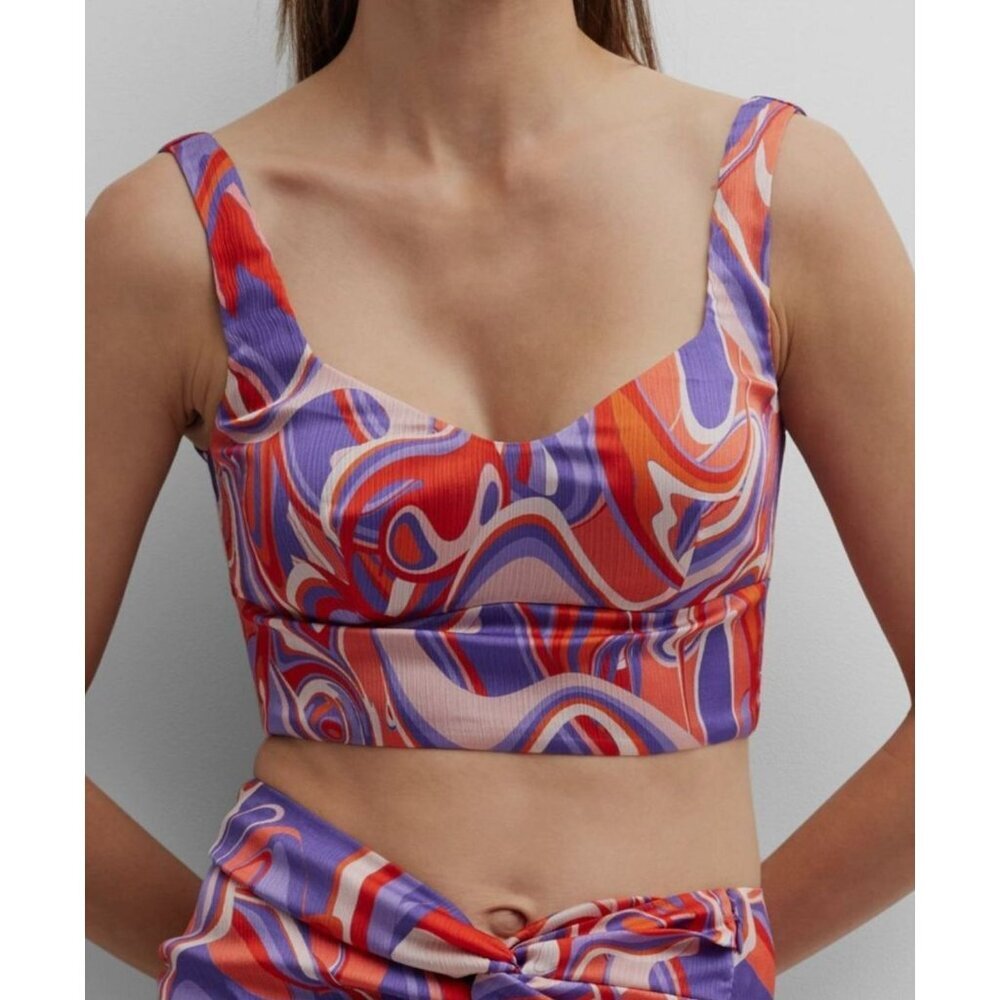 NWT Ramy Brook Deidra Women's‎ Swirl-Print Cropped Top Retro Purple/Red Sz Multi